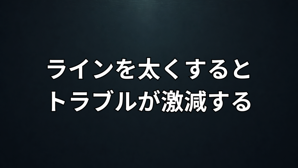 コロガシ釣りでラインを太くすることで絡みなどのトラブルが減ることを解説したイメージ